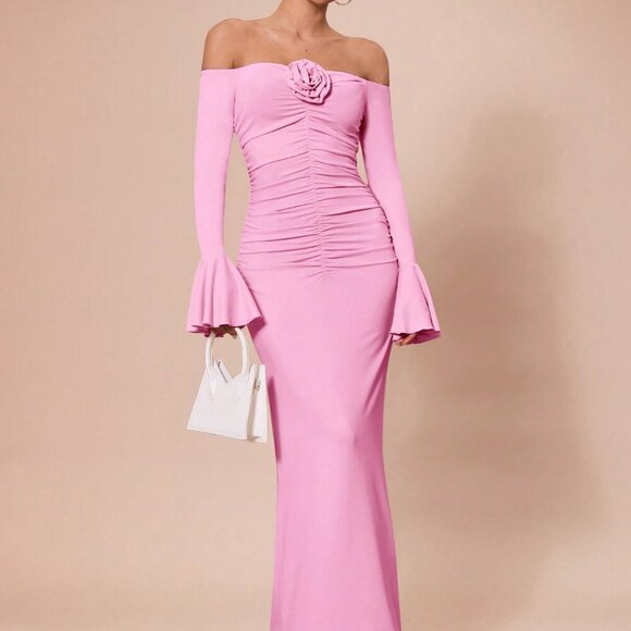Baby Pink Elegant Women's Long Sleeve Off Shoulder 3d Flower Ruched Maxi dress - Picture 7 of 8